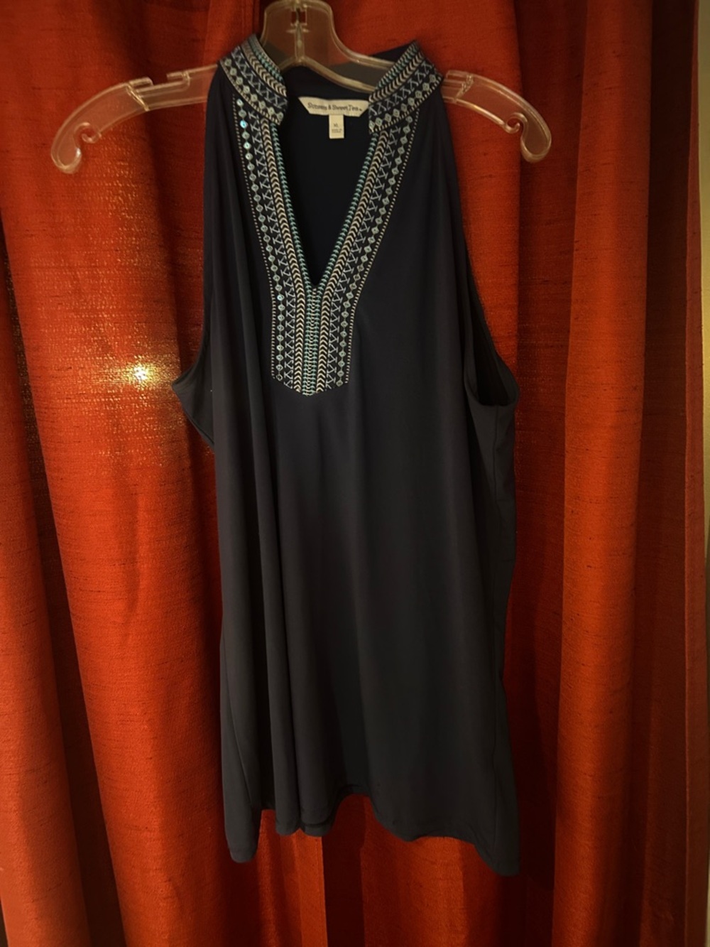 Sunset & Sweet Tea Navy Halter Tank with White & Light Blue Embroidery